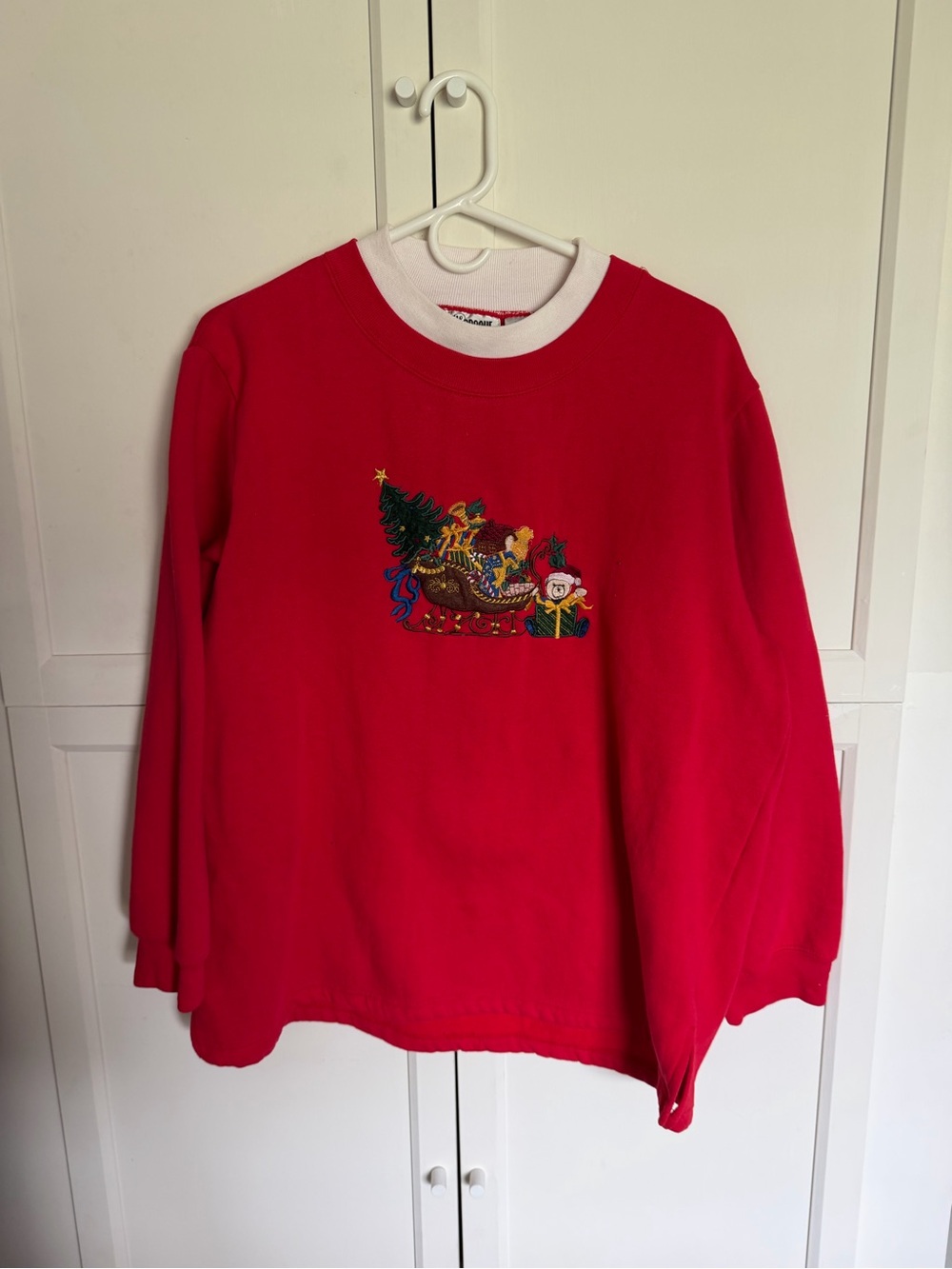 Red Holiday Sweatshirt with Embroidered Sleigh